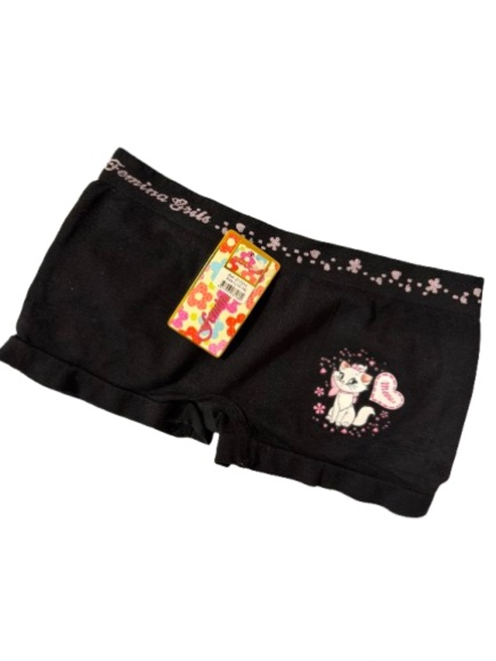 Femina Girls' Black Y2K Style Boyshort Underwear with Pink Cat Accents
